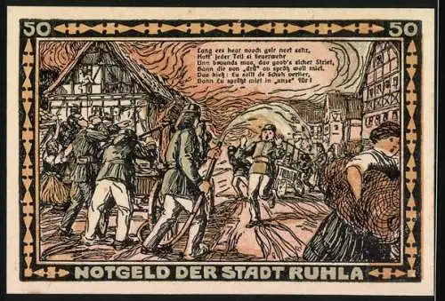 Notgeld Ruhla 1921, 50 Pfennig, historische Darstellung und städtisches Leben