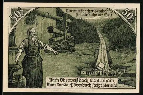 Notgeld Oberweissbach, 1921, 50 Pfennig, Oberweissbacher Bergbahn, Lichtenhain, Cursdorf, Deesbach, Steigt hier ein!