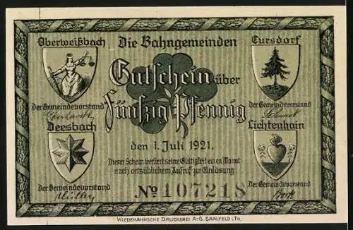 Notgeld Oberweissbach, 1921, 50 Pfennig, Oberweissbacher Bergbahn, Lichtenhain, Cursdorf, Deesbach, Steigt hier ein!