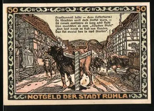 Notgeld Ruhla 1921, 50 Pfennig, Kühe auf der Strasse und Inschrift auf Rückseite