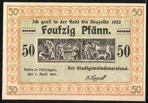 Notgeld Ruhla 1921, 50 Pfennig, Kühe auf der Strasse und Inschrift auf Rückseite