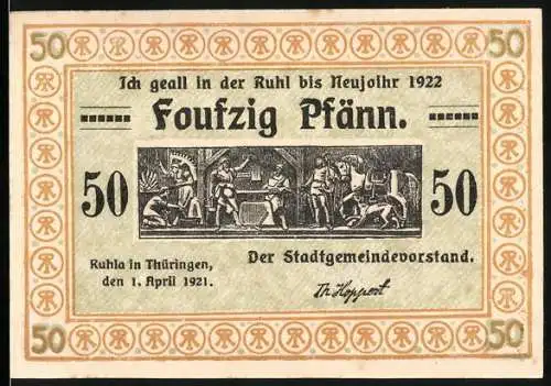 Notgeld Ruhla 1921, 50 Pfennig, historische Szenen und Gedicht, Stadtgemeindevorstand