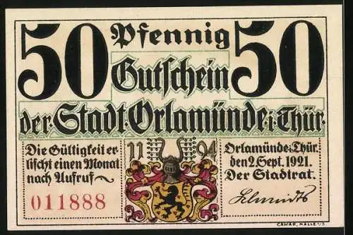 Notgeld Orlamünde 1921, 50 Pfennig, Ritter und Burgtor, Gültigkeit 1 Monat nach Aufruf