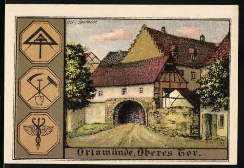 Notgeld Orlamünde, 1921, 50 Pfennig, Oberes Tor und Stadtwappen, gültig einen Monat nach Aufruf