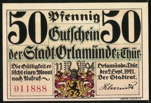 Notgeld Orlamünde, 1921, 50 Pfennig, Oberes Tor und Stadtwappen, gültig einen Monat nach Aufruf