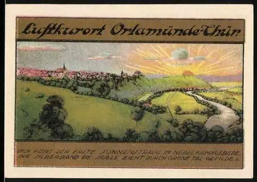 Notgeld Orlamünde / Thüringen, 1921, 50 Pfennig, Landschaftsszene mit Sonnenaufgang und Stadtwappen