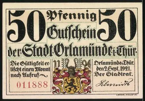 Notgeld Orlamünde / Thüringen, 1921, 50 Pfennig, Landschaftsszene mit Sonnenaufgang und Stadtwappen