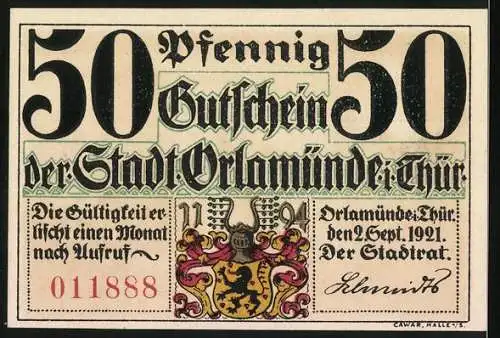 Notgeld Orlamünde 1921, 50 Pfennig, Schlacht bei Saalfeld Illustration und Stadtwappen