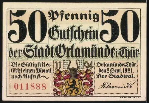 Notgeld Orlamünde 1921, 50 Pfennig, Weisse Frau von Orlamünde und Burg Lauenstein