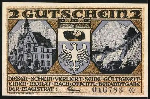 Notgeld Neheim an der Ruhr, 2 Mark, Gutschein mit Stadtwappen und Szenen, Seriennummer 016783