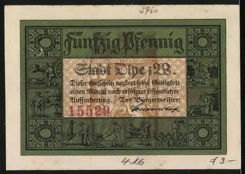 Notgeld Olpe i. W., 50 Pfennig, historische Gebäude und Szenen, Schleicher & Schüll