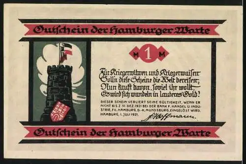 Notgeld Hamburg, 1921, 1 Mark, Gedenkstein und Soldat mit Gedichtmotiv