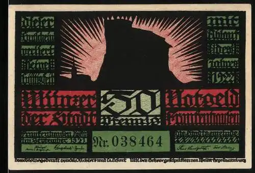 Notgeld Frankenhausen 1921, 50 Pfennig, Silhouette und Tanzende Figuren, Serienschein Nr. 038464