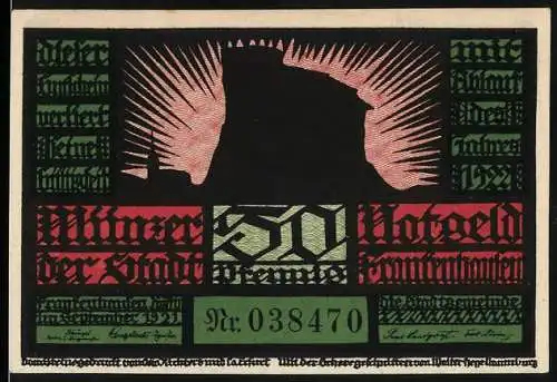 Notgeld Frankenhausen 1921, 50 Pfennig, Silhouette der Stadt und Kampf-Szene