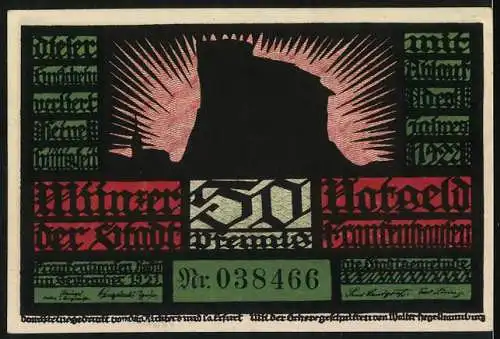 Notgeld Frankenhausen 1921, 50 Pfennig, Grafik mit Burg und stilisierten Figuren in grün und schwarz