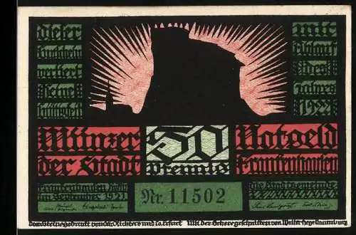 Notgeld Frankenhausen 1921, 50 Pfennig, Burg und Reiterdarstellung im Scherenschnitt-Stil, Nr. 11502