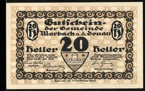 Notgeld Marbach a.d. Donau, 20 Heller, Gutschein der Gemeinde mit Stadtansicht und Brücke