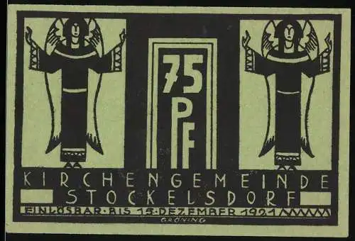 Notgeld Stockelsdorf, 1921, 75 Pf, Kirchengemeinde mit zwei Engeln und Herrenhaus