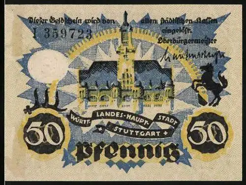 Notgeld Stuttgart, 1921, 50 Pfennig, mit Stadtansicht und Wappen, Rückseite mit Gültigkeitsdatum 31. Juli 1921