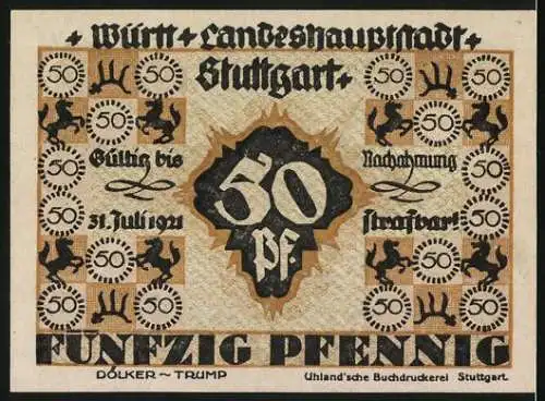 Notgeld Stuttgart, 1921, 50 Pfennig, mit Stadtansicht und Wappen, Rückseite mit Gültigkeitsdatum 31. Juli 1921