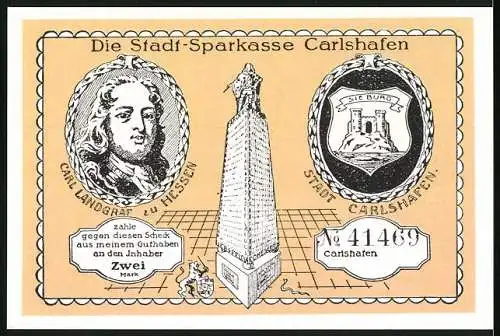 Notgeld Carlshafen 1699, 2 Mark, Einzug der Hugenotten und Stadt-Sparkasse Carlshafen