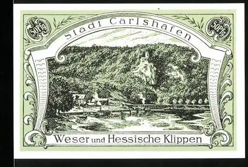 Notgeld Carlshafen, 1921, 50 Pfennig, Weser und Hessische Klippen, Carl Landgraf zu Hessen, Sieburg Wappen