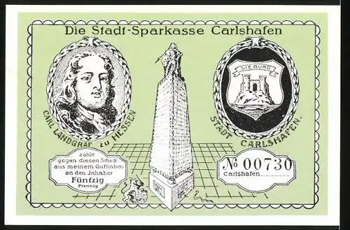 Notgeld Carlshafen, 1921, 50 Pfennig, Weser und Hessische Klippen, Carl Landgraf zu Hessen, Sieburg Wappen