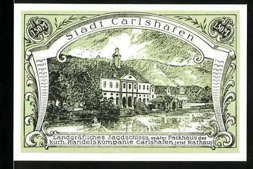 Notgeld Carlshafen, 1921, 50 Pfennig, Landgräfliches Jagdschloss und Sieburg Wappen