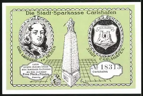 Notgeld Carlshafen, 1921, 50 Pfennig, Landgräfliches Jagdschloss und Sieburg Wappen