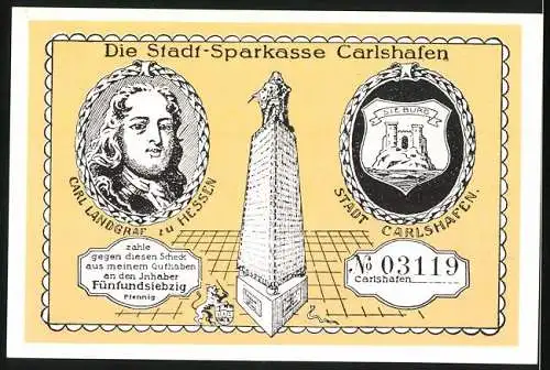 Notgeld Carlshafen, 75 Pfennig, Invalidenhaus erbaut 1706 und Stadt-Sparkasse Carlshafen