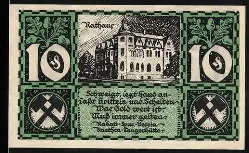 Notgeld Vaethen-Tangerhütte 1921, 10 Pfennig, Rathaus und Arbeiter-Motive