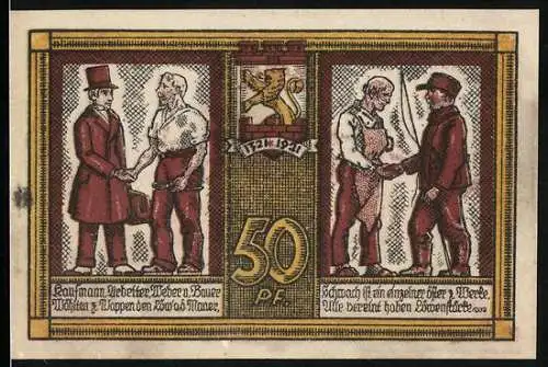 Notgeld Katscher 1921, 50 Pf, Vereinende Hände und Stadtwappen, Zweite Eingemeindung am 12. Oktober 1921