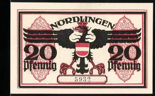 Notgeld Nördlingen 1918, 20 Pfennig, Adler und Turm-Motiv, Seriennummer 5932