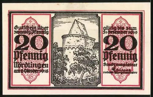 Notgeld Nördlingen 1918, 20 Pfennig, Adler und Turm-Motiv, Seriennummer 5932