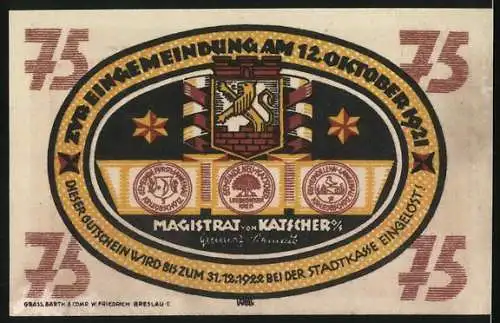 Notgeld Katscher, 1921, 75 Pf, Spinnerei und Weberei, Stadtwappen auf Rückseite