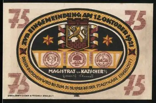 Notgeld Katscher 1921, 75 Pfennig, mit Stadtwappen und Darstellung von Spinnerin und Weber