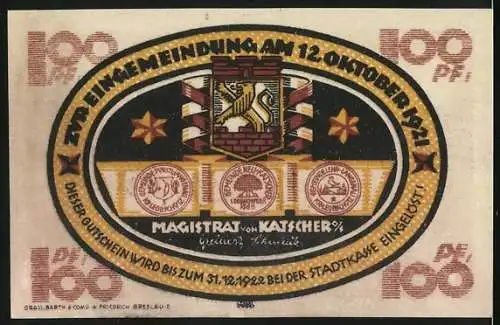 Notgeld Katscher 1921, 100 Pfennig, Bauer mit Pflug und Stadtwappen, Gültig bis 1922