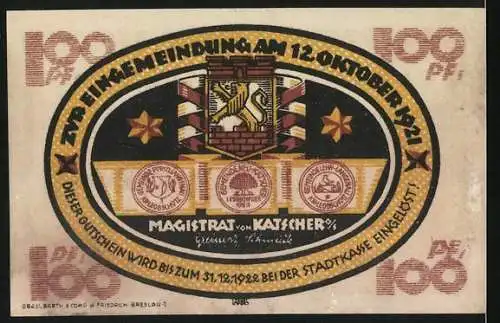 Notgeld Katscher, 1921, 100 Pfennig, landwirtschaftliche Szene und Stadtwappen