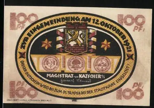 Notgeld Katscher, 1921, 100 Pf, Stadtwappen und Pflügende Bauern auf dem Feld