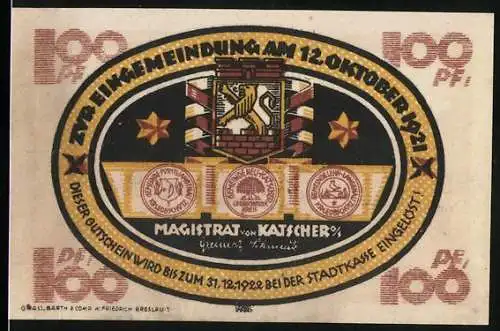 Notgeld Katscher, 1921, 100 Pf, Stadtwappen und landwirtschaftliche Szene mit Pferdefuhrwerk