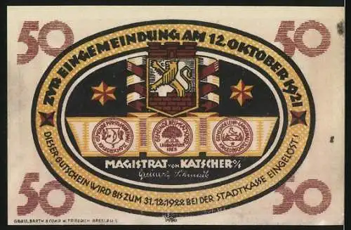 Notgeld Katscher, 1921, 50 Pf, Kaufmann übergibt Wappen an Bauer, Gültig bis 31.12.1922