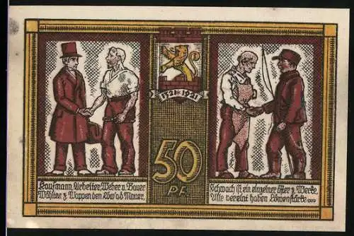 Notgeld Katscher 1921, 50 Pf, Zwei Einigungen und Wappen der Stadt