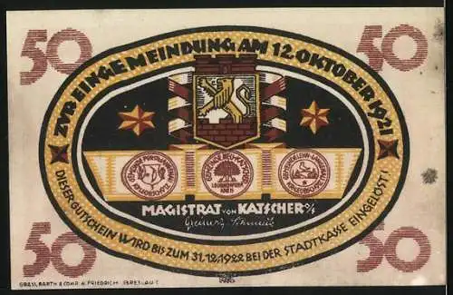 Notgeld Katscher 1921, 50 Pf, Zwei Einigungen und Wappen der Stadt