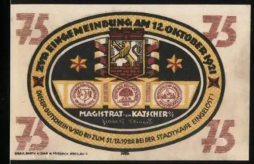 Notgeld Katscher 1921, 75 Pfennig, Stadtwappen und Handwerker bei der Arbeit