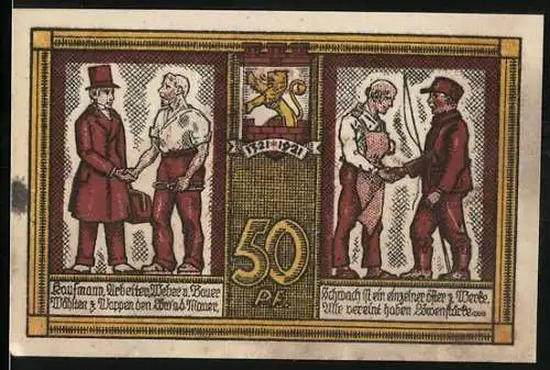 Notgeld Katscher, 1921, 50 Pf, Zwei Szenen einer Einigung und Stadtwappen, Ausgabe zur Eingemeindung am 12. Oktober 1921