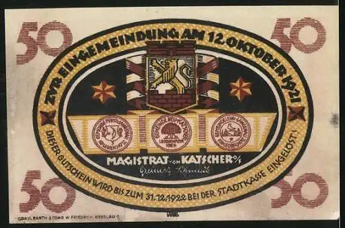 Notgeld Katscher, 1921, 50 Pf, Zwei Szenen einer Einigung und Stadtwappen, Ausgabe zur Eingemeindung am 12. Oktober 1921