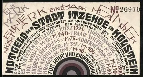 Notgeld Itzehoe, 1921, 1 Mark, Stadt Itzehoe in Holstein, Seriennummer 26979, stilisierte Zeichnung und Schriftzüge