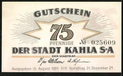 Notgeld Kahla 1921, 75 Pfennig, Gutschein der Stadt mit Landschaftsmotiv und Spruch Behaltet Kahla`s Scherben fein