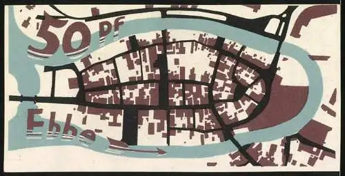 Notgeld Itzehoe 1921, 50 Pf, Stadtplan mit Wertangaben und Textdetails