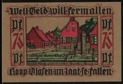 Notgeld Leer, 1920, 75 Pfennig, Kaaks-Pütte, historische Darstellung einer Frau in Tracht